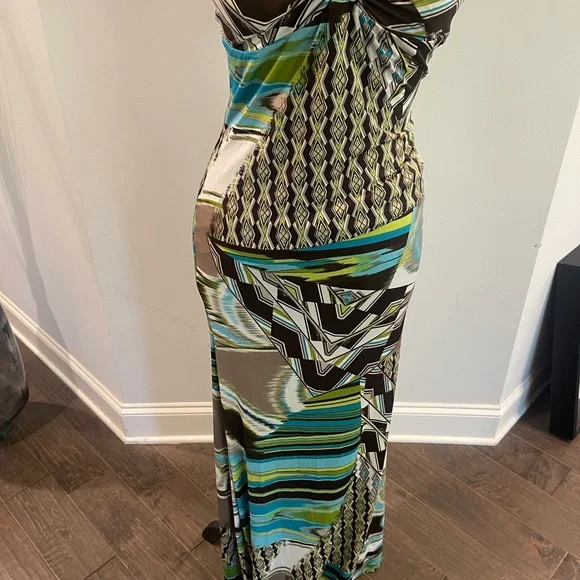 Boutique Strapless Geo-Print Maxi Dress in Teal and Brown - Picture 4 of 6
